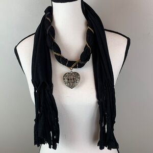 Black Bohemian Jersey Scarf Necklace with Heart Pendant NEW!